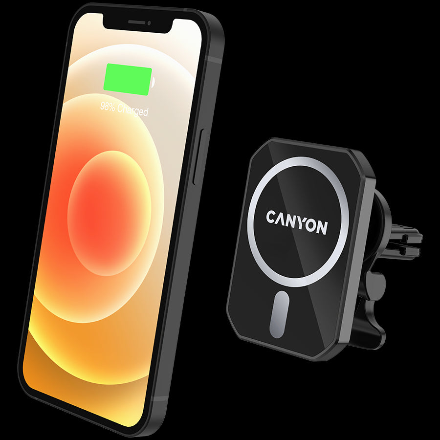 CANYON CH-15, Magnetic car holder and wireless charger, C-15-01, 15W，Input: USB-C: 5V/2A, 9V/3A;Output: 5W, 7.5W, 10W, 15W;83*60*8.15mm,0.147kg,black