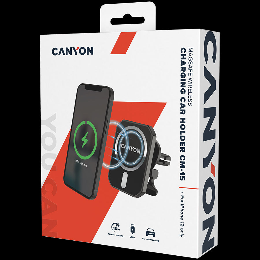 CANYON CH-15, Magnetic car holder and wireless charger, C-15-01, 15W，Input: USB-C: 5V/2A, 9V/3A;Output: 5W, 7.5W, 10W, 15W;83*60*8.15mm,0.147kg,black