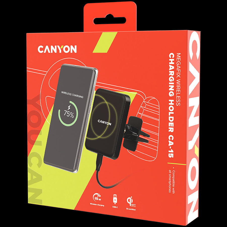 CANYON CH-15, Car holder and wireless charger MegaFix, C-15, 15W, Input: USB-C: 5V/2A, 9V/3A; Output: 5W, 7.5W, 10W, 15W;89*65*12mm,0.195kg,black