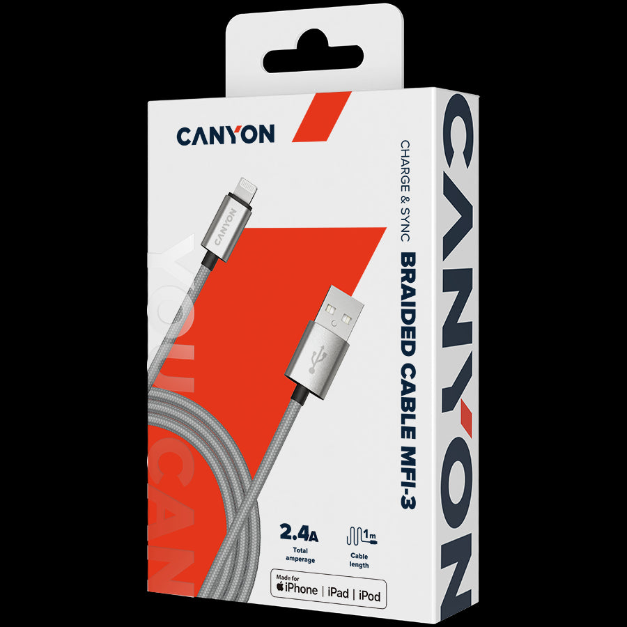 CANYON cable MFI-3 Lightning 12W 1m Grey
