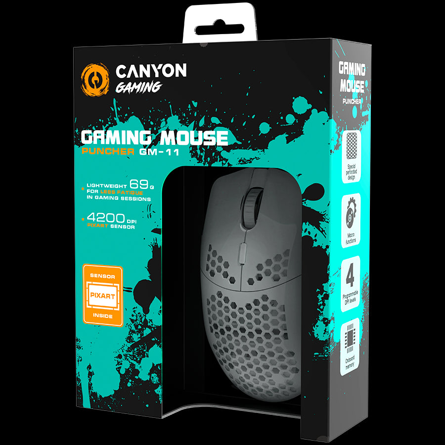 CANYON Puncher GM-11, Gaming Mouse with 7 programmable buttons, Pixart 3519 optical sensor, 4 levels of DPI and up to 4200, 5 million times key life, 1.65m Ultraweave cable, UPE feet and colorful RGB lights, White, size:128.5x67x37.5mm, 105g