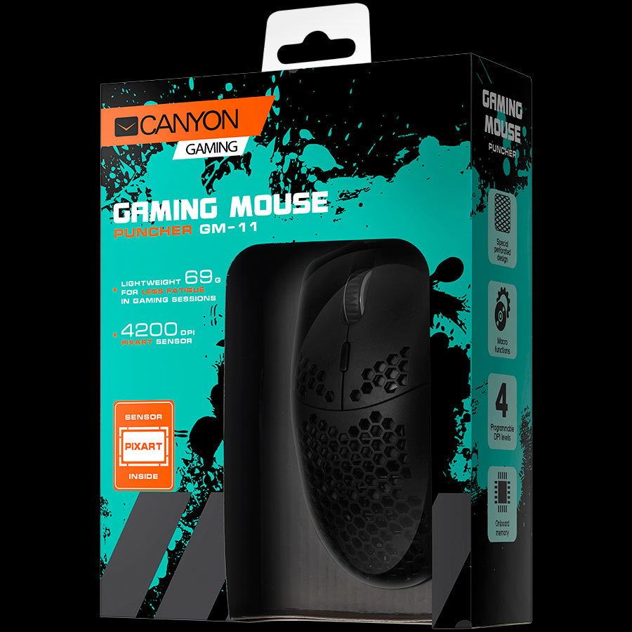 CANYON Puncher GM-11, Gaming Mouse with 7 programmable buttons, Pixart 3519 optical sensor, 4 levels of DPI and up to 4200, 5 million times key life, 1.65m Ultraweave cable, UPE feet and colorful RGB lights, Black, size:128.5x67x37.5mm, 105g