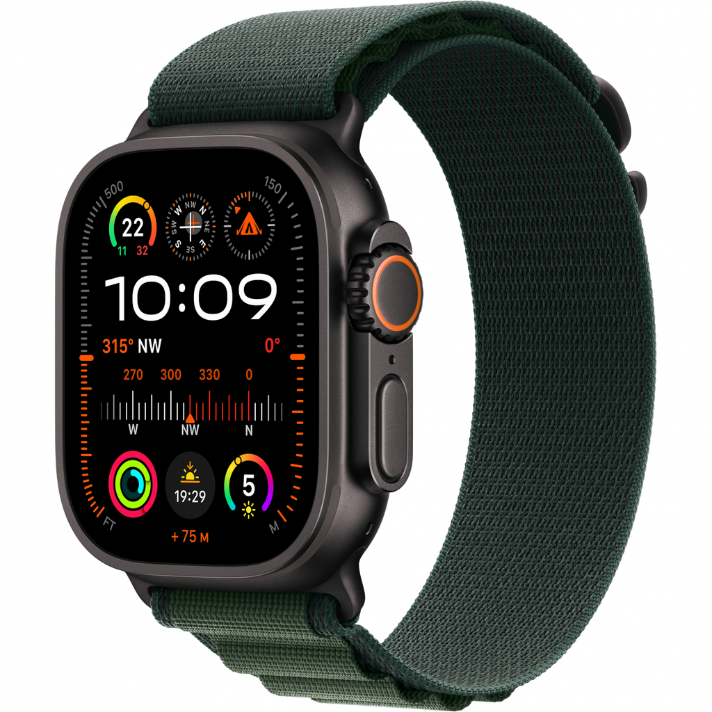 Apple Watch Ultra 2 GPS + Cellular 49mm Black Titanium Case with Dark Green Alpine Loop - Large,Model A2986