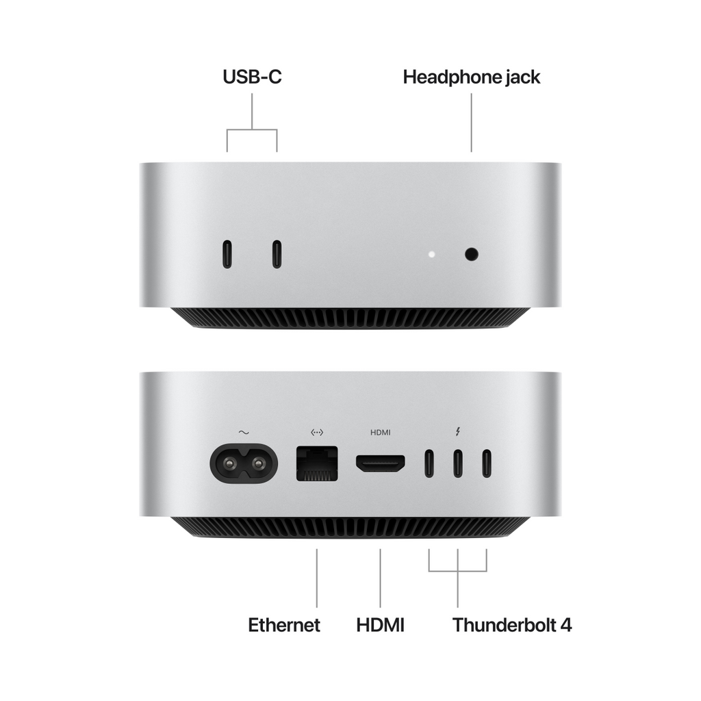 Mac mini, Silver, Model A3238, M4 with 10C CPU, 10C GPU, 16GB unified memory, 10 Gigabit Ethernet, 256GB SSD storage, 3xTB4,HDMI port, two USB-C ports, headphone jack