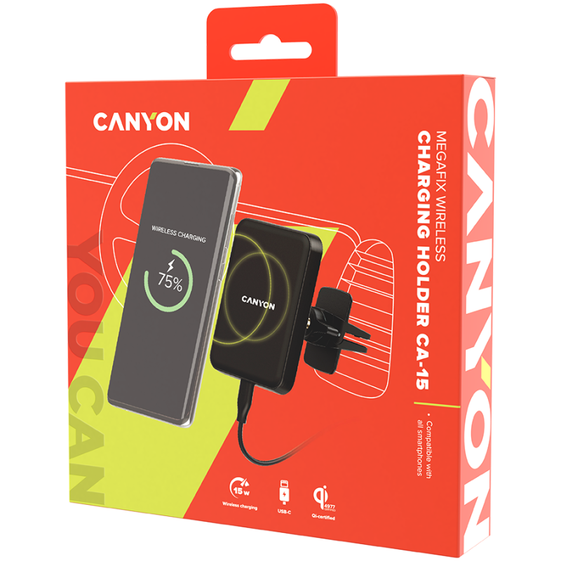 CANYON CH-15, Car holder and wireless charger MegaFix, C-15, 15W, Input: USB-C: 5V/2A, 9V/3A; Output: 5W, 7.5W, 10W, 15W;89*65*12mm,0.195kg,black - Image 5