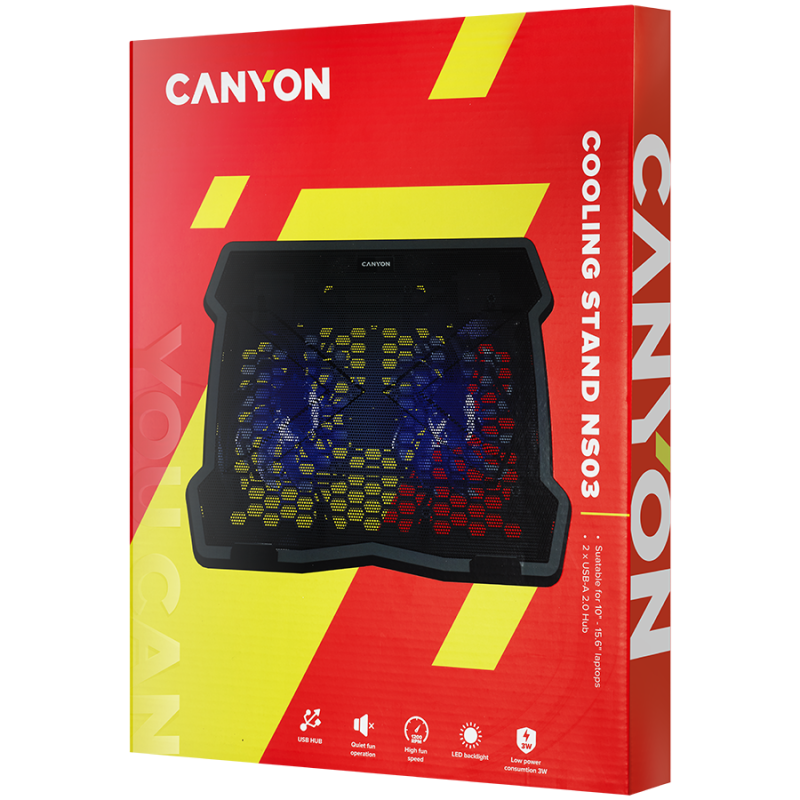 CANYON NS03, Cooling stand dual-fan with 2x2.0 USB hub, support up to 10”-15.6” laptop, ABS plastic and iron, Fans dimension:125*125*15mm(2pcs), DC 5V, fan speed: 800-1000RPM, size:340*265*30mm, 435g - Image 4