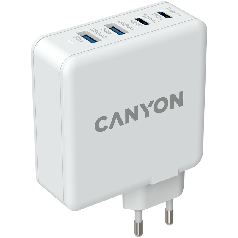 CANYON H-100, GAN 100W charger  Input:  100V-240V Output: USB-C1/C2: 5V 3A , 9V 3A , 12V 3A , 15V 3A , 20V 5A  USB-A 1/A2: 4.5V/5A, 5V/4.5A, 9V/3A, 12V/2.5A,  20V/1.5A  C1+C2 : 65W + 30W； C1+A1 : 65W + 30W ； C1+A2 : 65W + 30W ；C1+A1+A2 : 65W + 7.5W - Image 2