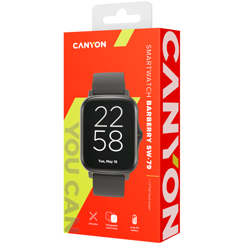 CANYON Wildberry SW-79, Smart watch, 1.69inches TFT full touch screen, Zinic+plastic body, IP67 waterproof, multi-sport mode, compatibility with iOS and android, black body with black silicon belt, Host: 44.4*36*9.2mm, Strap: 230x20mm, 47g - Image 6