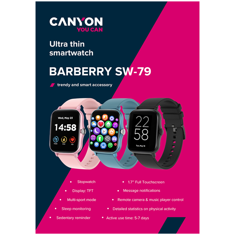 CANYON Wildberry SW-79, Smart watch, 1.69inches TFT full touch screen, Zinic+plastic body, IP67 waterproof, multi-sport mode, compatibility with iOS and android, black body with black silicon belt, Host: 44.4*36*9.2mm, Strap: 230x20mm, 47g - Image 7