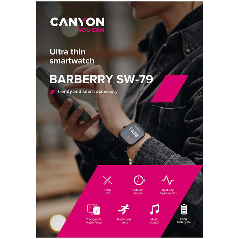 CANYON Wildberry SW-79, Smart watch, 1.69inches TFT full touch screen, Zinic+plastic body, IP67 waterproof, multi-sport mode, compatibility with iOS and android, Pink body with Pink silicon belt, Host: 44.4*36*9.2mm, Strap: 230x20mm, 47g - Image 8