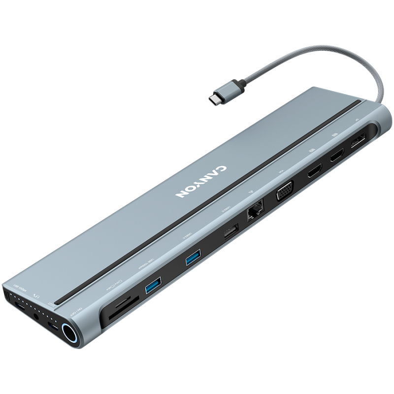 CANYON DS-90, 14 in 1 hub, with Type C female *2,Type C male *1:max 10Gbps,USBA*3:max 10Gbps,DP*1，VGA*1,SD card slot*1,TF card slot*1,Audio 3.5 audio*1,HDMI*2,RJ45*1,cable length 0.20m,Aluminum alloy housing,76*22.5*301mm,Dark grey - Image 2