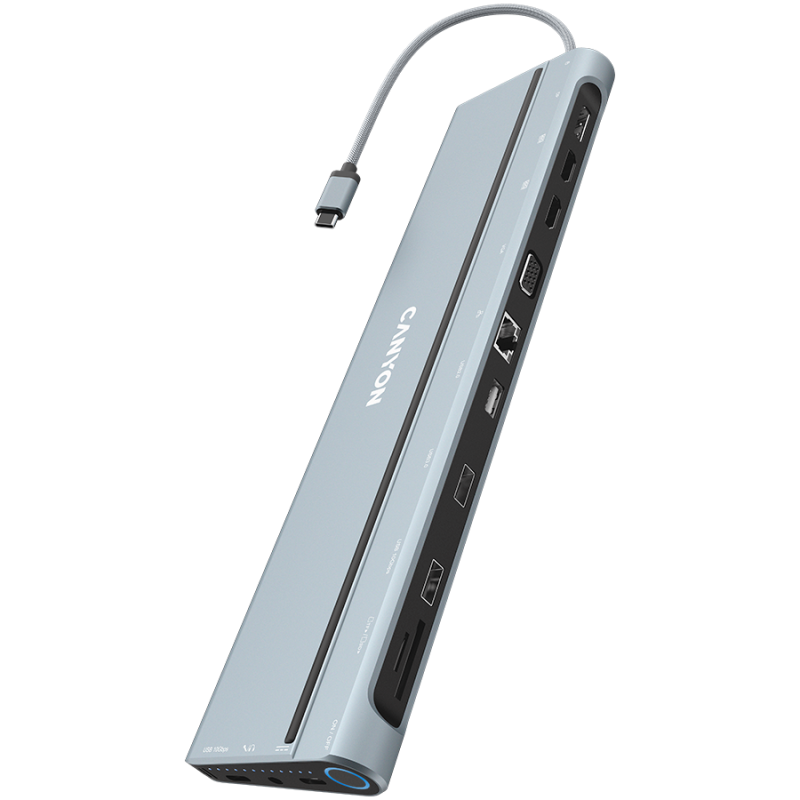 CANYON DS-90, 14 in 1 hub, with Type C female *2,Type C male *1:max 10Gbps,USBA*3:max 10Gbps,DP*1，VGA*1,SD card slot*1,TF card slot*1,Audio 3.5 audio*1,HDMI*2,RJ45*1,cable length 0.20m,Aluminum alloy housing,76*22.5*301mm,Dark grey - Image 3