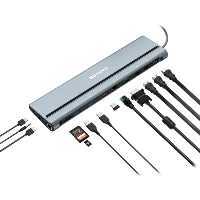 CANYON DS-90, 14 in 1 hub, with Type C female *2,Type C male *1:max 10Gbps,USBA*3:max 10Gbps,DP*1，VGA*1,SD card slot*1,TF card slot*1,Audio 3.5 audio*1,HDMI*2,RJ45*1,cable length 0.20m,Aluminum alloy housing,76*22.5*301mm,Dark grey - Image 4