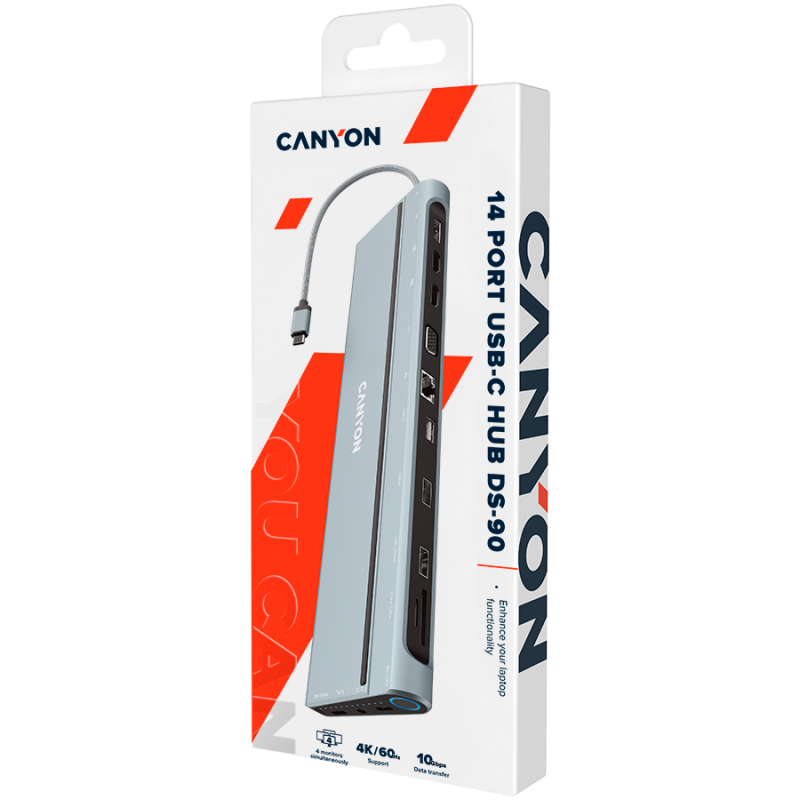 CANYON DS-90, 14 in 1 hub, with Type C female *2,Type C male *1:max 10Gbps,USBA*3:max 10Gbps,DP*1，VGA*1,SD card slot*1,TF card slot*1,Audio 3.5 audio*1,HDMI*2,RJ45*1,cable length 0.20m,Aluminum alloy housing,76*22.5*301mm,Dark grey - Image 5