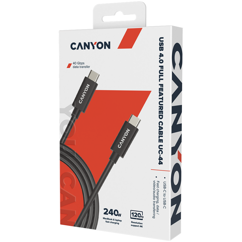 CANYON UC-44, cable, U4-CC-5A1M-E, USB4 TYPE-C to TYPE-C cable assembly 40G 1m 5A 240W(ERP) with E-MARK, CE, ROHS, black - Image 2