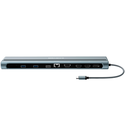 CANYON DS-90, 14 in 1 hub, with Type C female *2,Type C male *1:max 10Gbps,USBA*3:max 10Gbps,DP*1，VGA*1,SD card slot*1,TF card slot*1,Audio 3.5 audio*1,HDMI*2,RJ45*1,cable length 0.20m,Aluminum alloy housing,76*22.5*301mm,Dark grey