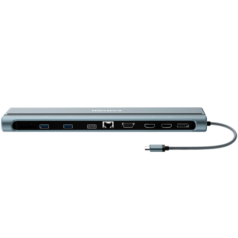 CANYON DS-90, 14 in 1 hub, with Type C female *2,Type C male *1:max 10Gbps,USBA*3:max 10Gbps,DP*1，VGA*1,SD card slot*1,TF card slot*1,Audio 3.5 audio*1,HDMI*2,RJ45*1,cable length 0.20m,Aluminum alloy housing,76*22.5*301mm,Dark grey
