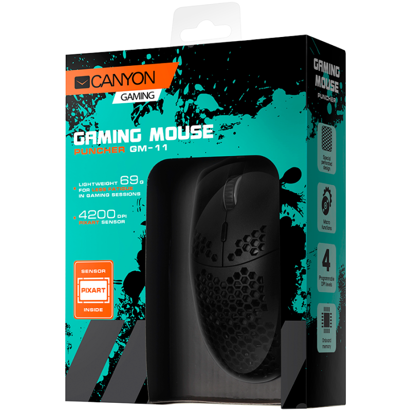 CANYON Puncher GM-11, Gaming Mouse with 7 programmable buttons, Pixart 3519 optical sensor, 4 levels of DPI and up to 4200, 5 million times key life, 1.65m Ultraweave cable, UPE feet and colorful RGB lights, Black, size:128.5x67x37.5mm, 105g - Image 4