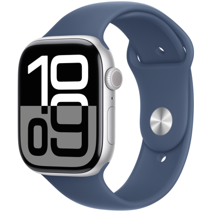 Apple Watch Series 10 GPS + Cellular 46mm Silver Aluminium Case with Denim Sport Band - M/L,Model A3003