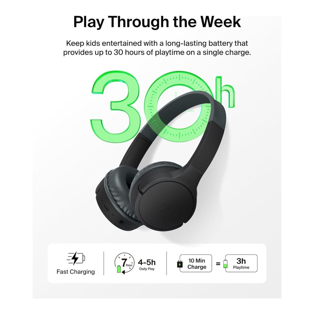 Belkin Soundform Mini Kids Wireless Headphones Black with Case AUD001HQBKV3CS - Image 3