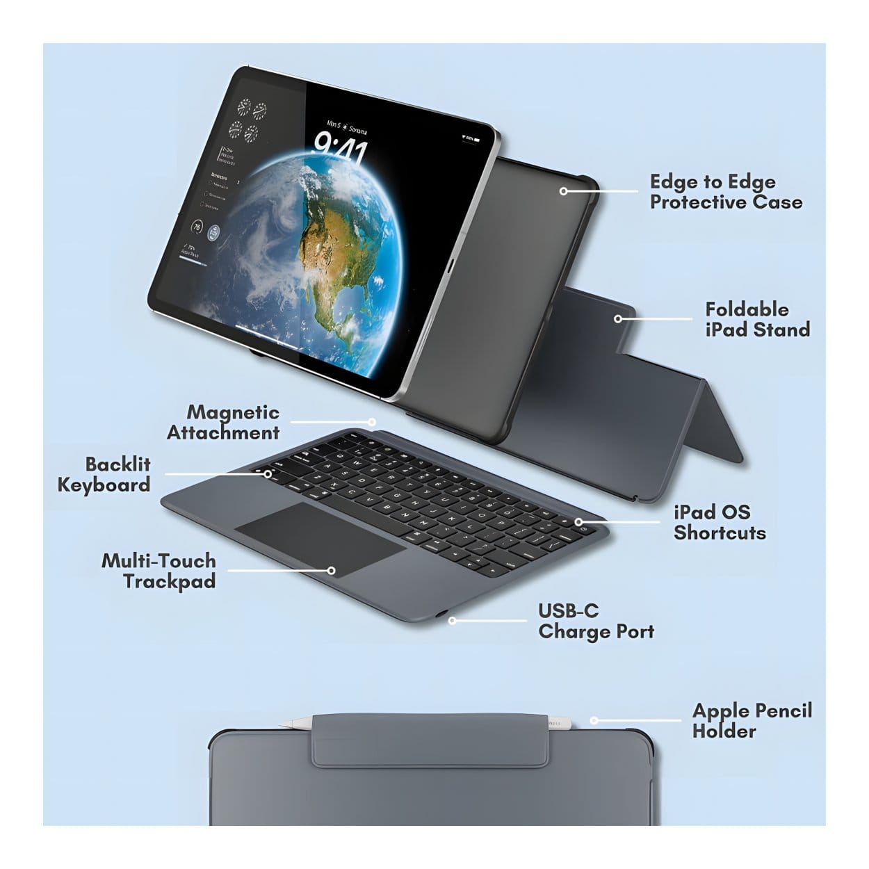 Macally iPad Pro 11-inch Case with Keyboard and Track Pad - Black IPKBCASEP11 - Image 2