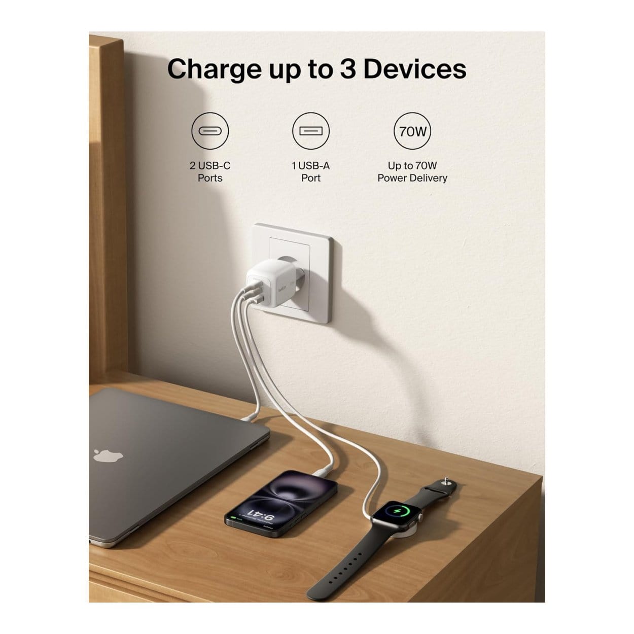 Belkin BoostCharge 3-port GaN Wall Charger White WCH018HQWH - Image 2