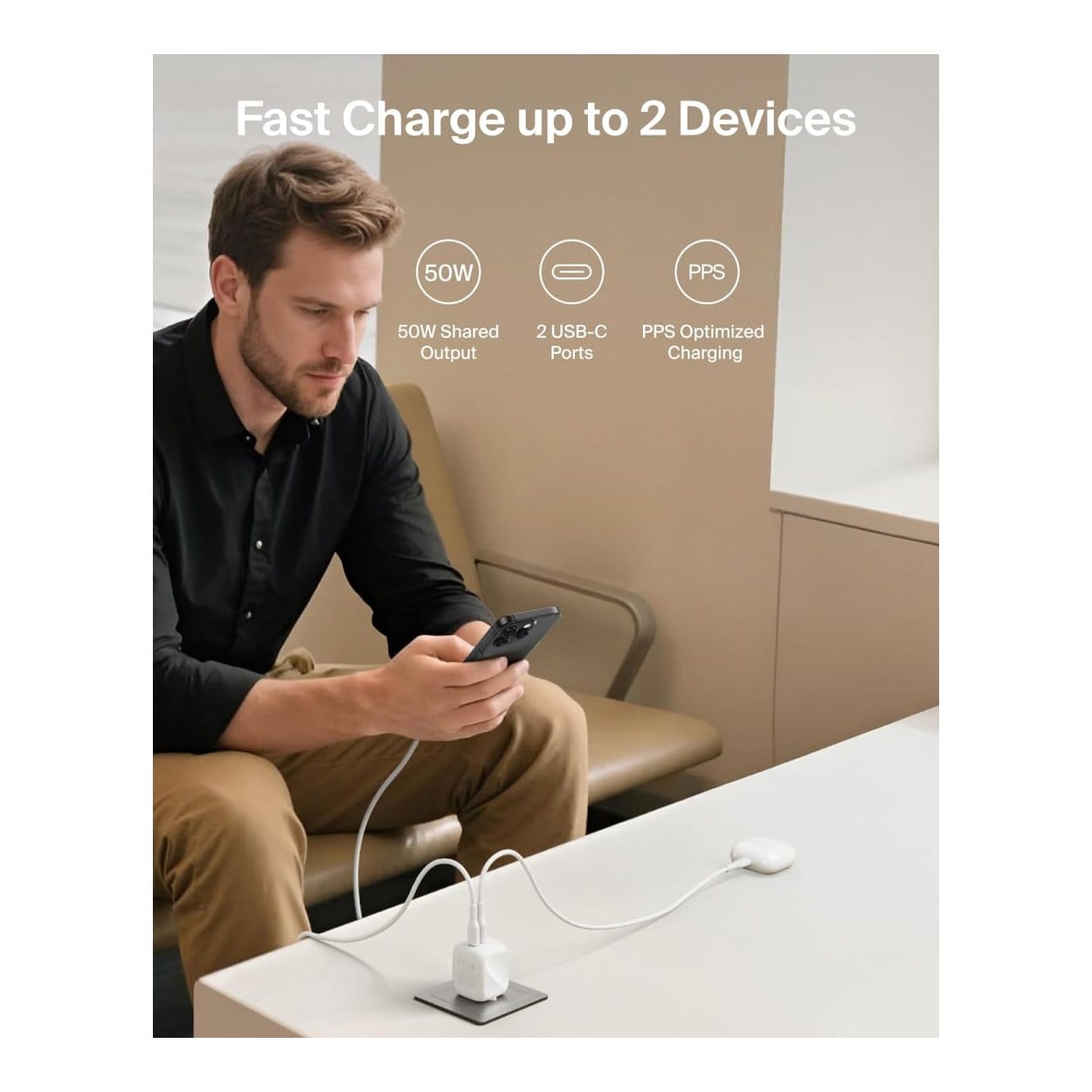 Belkin 50W Dual Type-C GaN Charger White WCH019KQWH - Image 2
