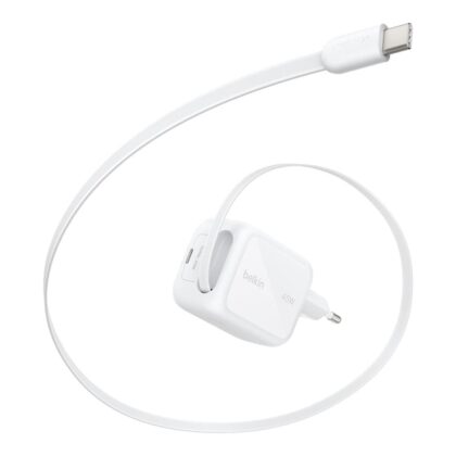 Belkin BoostCharge 45W Dual USB-C Wall Charger with Rectractable Cable - White WCH023KQWH